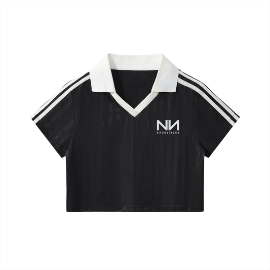 NeverNotWorkn Women’s Contrast Collar Striped Cropped Jersey